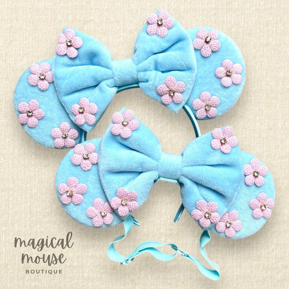 Pastel Blue Velvet & Pink Floral Mommy & Me Minnie Ears | Disney-Inspired Set